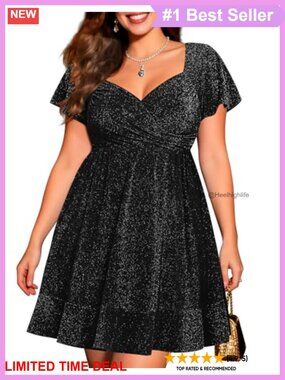 Plus Size Sparkly Sweetheart Neck Cocktail Party Mini Dress Ruffle Hem